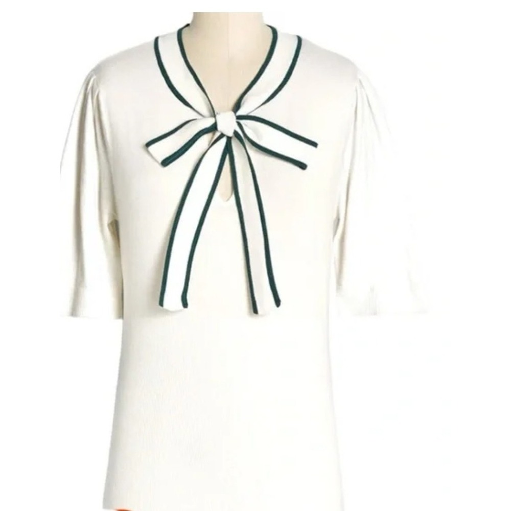 NEW! Modcloth Bow Thyself Tie Neck Knit Short Sleeve Viscose Top Ivory Green S‎